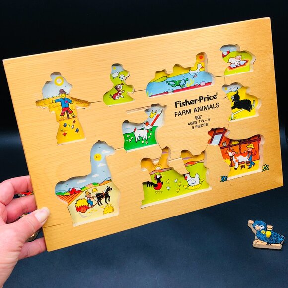 Vintage 70s FISHER PRICE Farm Animals Wood Tray Puzzle - Made in Holland - Picture 4 of 11